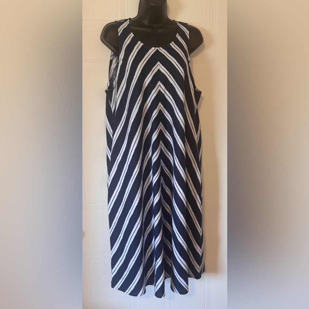 Lands End Linen Sleeveless‎ Sundress Navy White A-line Coastal Bias L/T 14-16